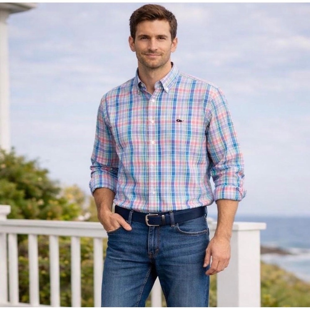 Vineyard Vines Tucker Shirt Mens Small Blue Pink Plaid Preppy Cotton Button Down
